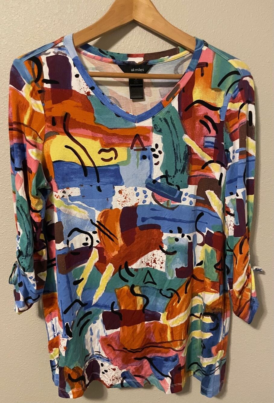 Ali Miles Tunic Top Womens Small Multicolor Abstract Geometric Stetch Artsy Boho